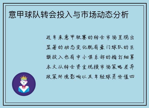 意甲球队转会投入与市场动态分析
